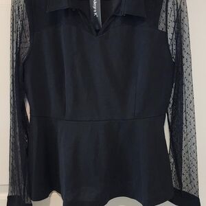 Allegra K X-Large Black Peplum blouse with dotted lace sleeves